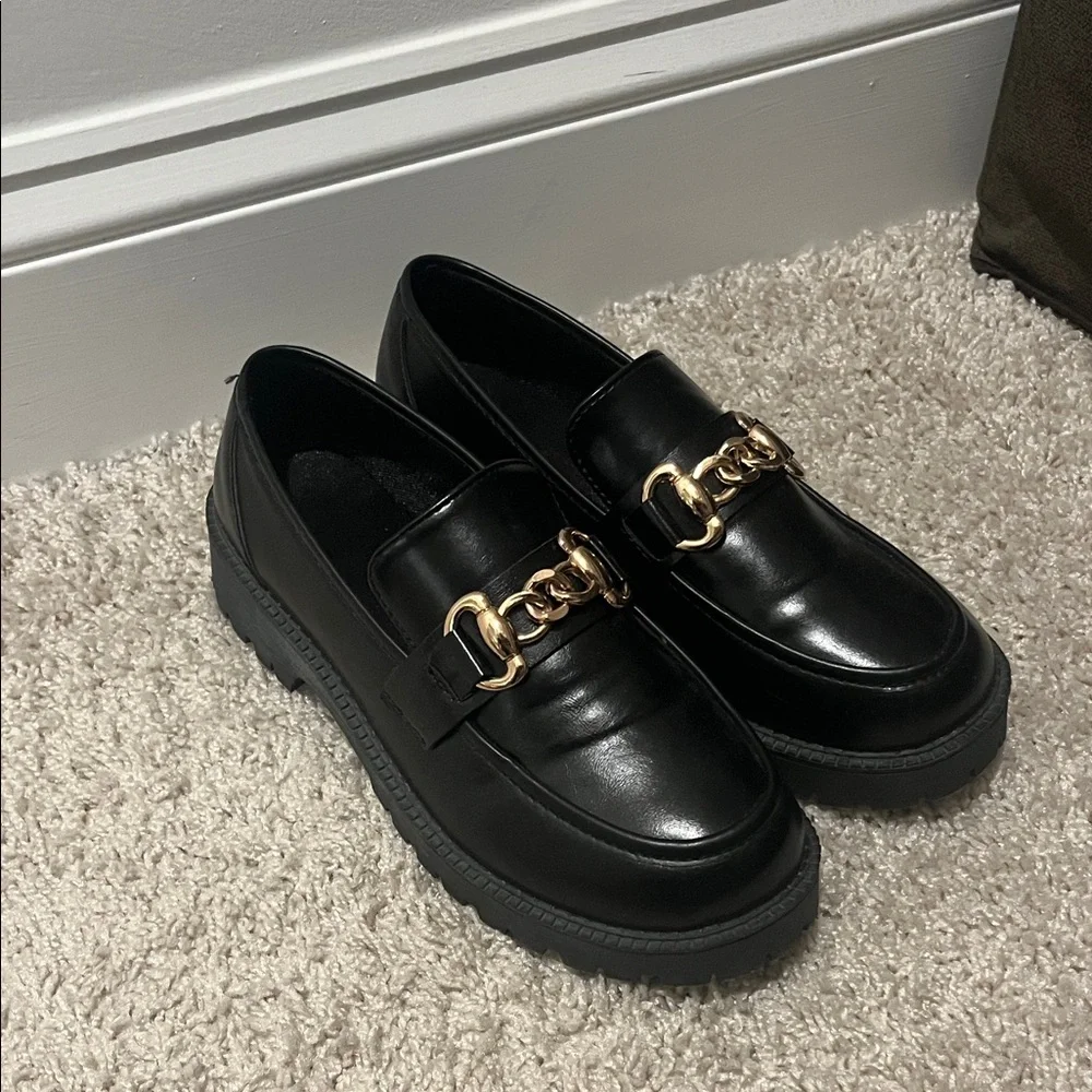 Zara Black Loafers with Gold Chain Detail